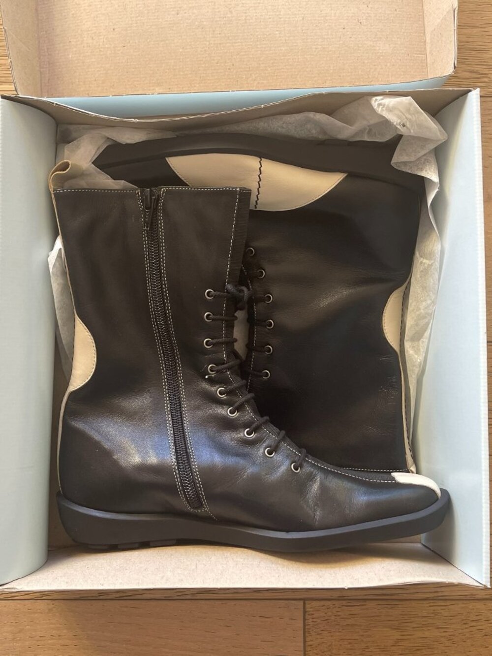 Black & Ivory Leather Lace-Up Combat Boots – "Brek S/Brigitte Noir" – Sz 36